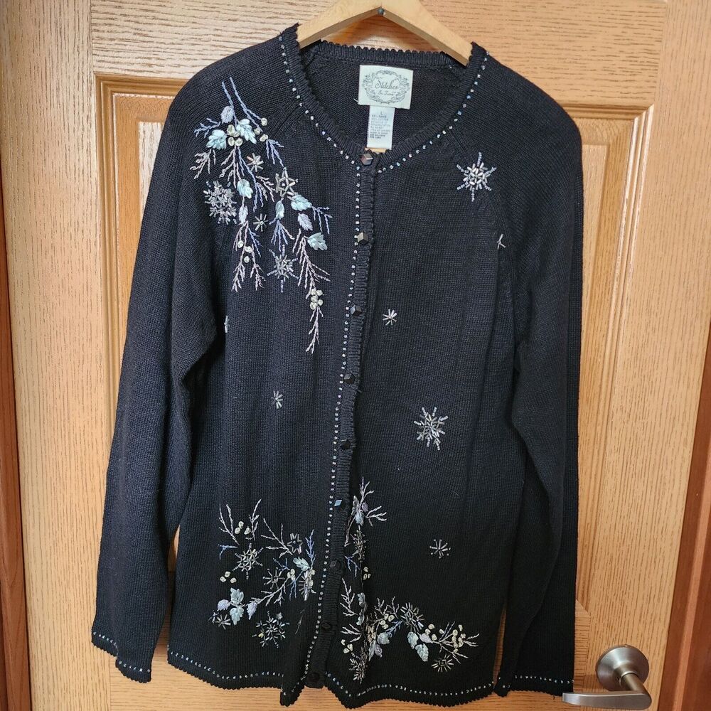 Stitches In Time Black Sweater Cardigan Size L Beading & Embroidered Cottagecore